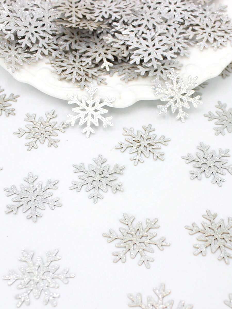 100 片闪闪发光的银色雪花桌面五彩纸屑，适用于冬季仙境装饰、生日、新娘送礼会、冰雪主题、新年、圣诞派对装饰