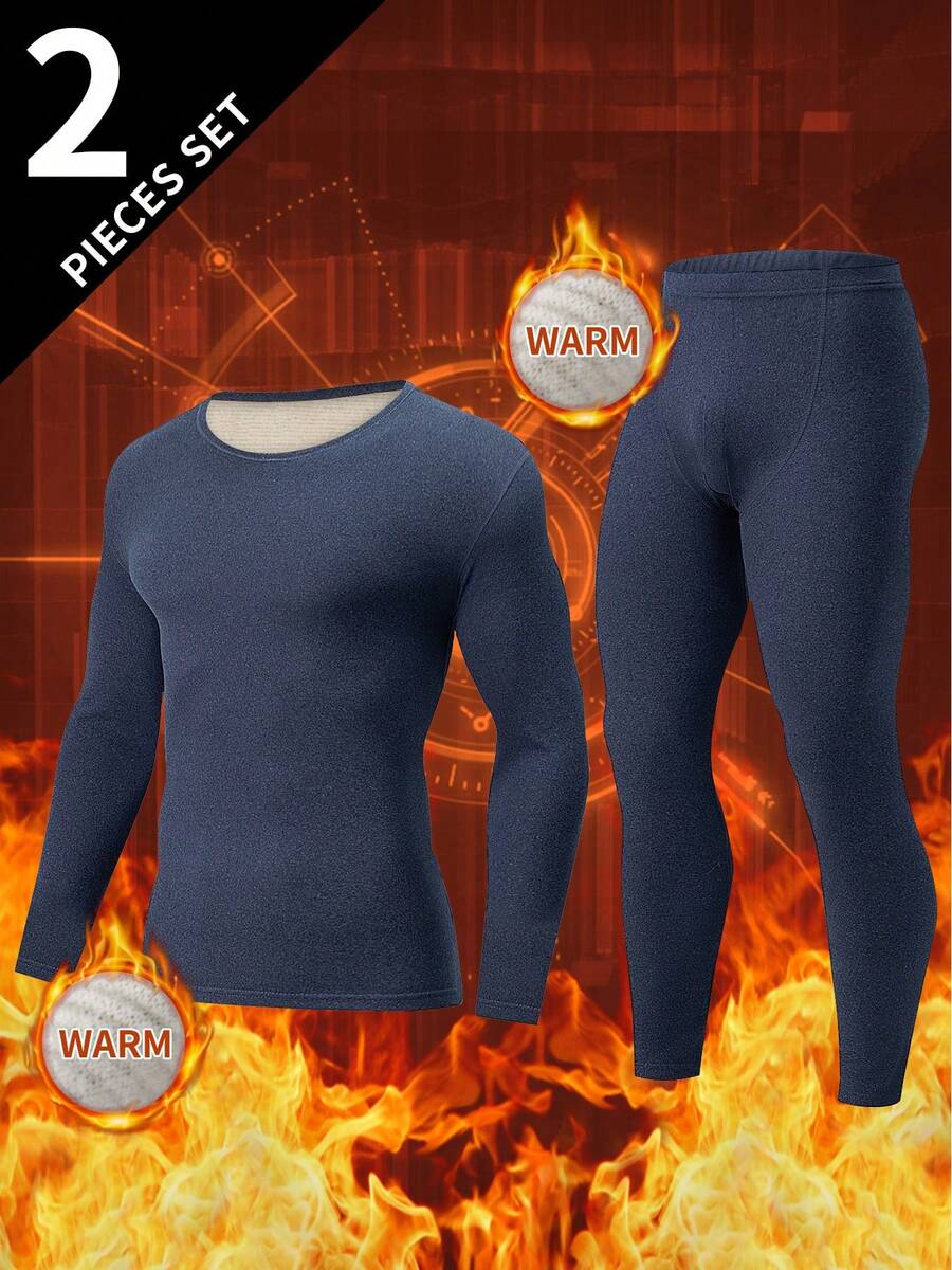 2pcs Men's Fashion Thermal Underwear Set, Autumn/Winter Warm Base Layer Knit Sweater - Navy Blue - View 1