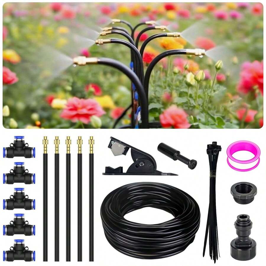 360° Adjustable Drip Irrigation System - Garden Watering System 16.5FT With 5 Nozzles, Drip Irrigation Kit For Garden, Yard, Lawn, Greenhouse, Plants, 5/16 Inch Hose - 黑色 - 查看 1