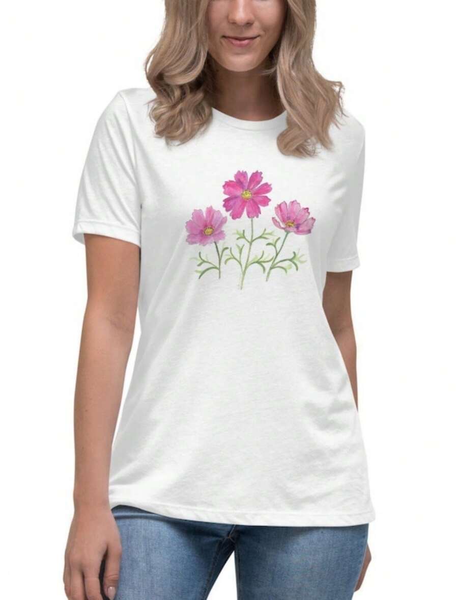 Cosmos Flower T Shirt For Women, Women's Flower Tee, Watercolor Cosmos Print, Pink Flower Shirt, Gardener Gift, Mother's Day Gift, Botanical - trắng - Xem 1