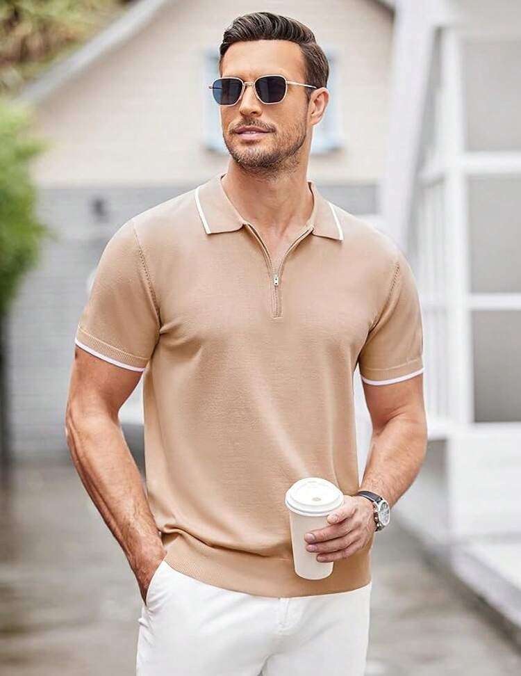 Camisa polo con cremallera para hombres, camisa polo de punto de manga corta casual, ajuste clásico - Bronceado claro - Añade 3