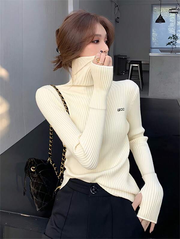Women's Elegant High Neck Ivory Color Textured Embroidery Design Fitted Long Sleeve Pullover Sweater, Suitable For Commuting, Autumn/Winter