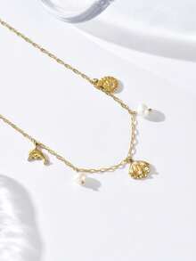 1pc Romantic Dolphin & Shell Pendant With Lustrous Pearl Necklace, Stainless Steel Delicate Choker Necklace For Women