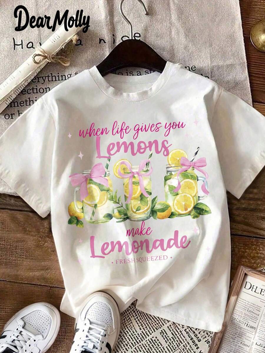 DEAR MOLLY Women "When Life Gives You Lemons" Lemonade Graphic Print T-Shirt, Casual Vintage Lemon Pattern Round Neck Short Sleeve Tee, Suitable For Summer, Vacation, Daily Wear - White - View 1