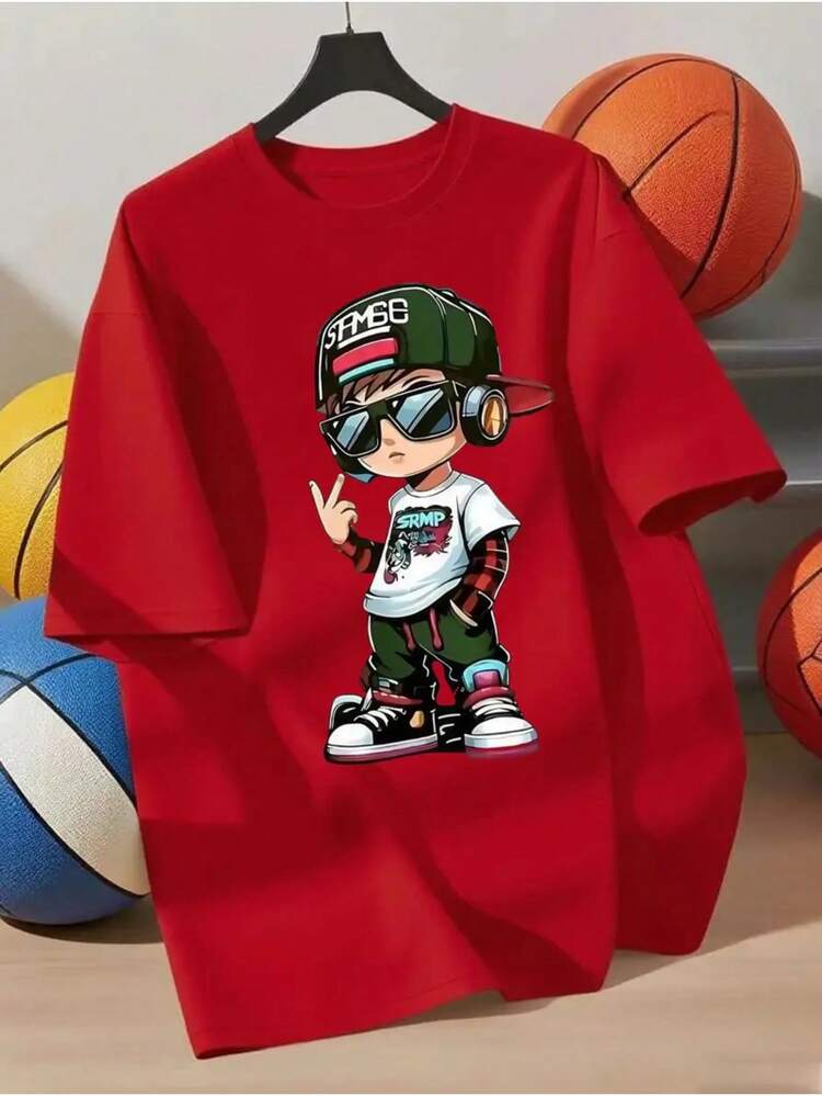 Children's Casual Colorful T-Shirt Short Sleeve Simple Suitable For Children Cotton Stylish Boy Print - 紅色 - 查看 3