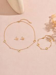 VceTd 一套优雅简约时尚镂空四叶草项链手链耳环首饰套装，女士款，玻璃镶嵌四叶草项链手链耳环套装，高品质防水不褪色首饰，时尚配饰礼品，节日礼物 - 金黃色 - 查看 4