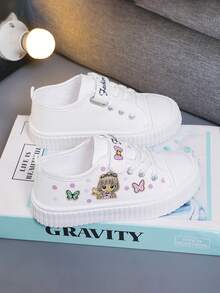 1 Pair Kids Cartoon Print High Top Canvas Sneakers, Unisex Indoor & Outdoor Athletic Shoes,Girls' Low-Top Cartoon Canvas Sneakers, Fashionable, Thin Fabric Shoes, New Style, Children's Versatile Outdoor Casual Sports Shoes