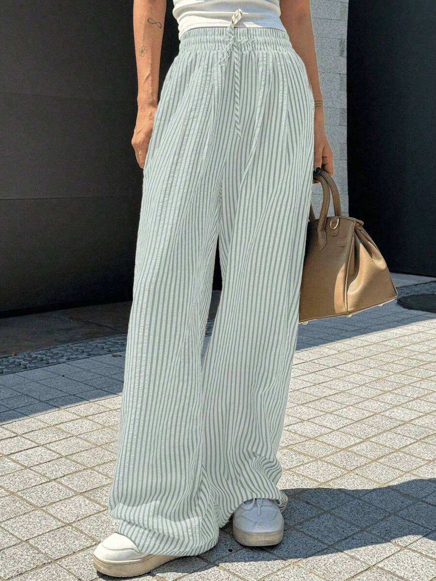 Wide Leg Striped Elastic Palazzo Pants With Pockets - Grey - View 1