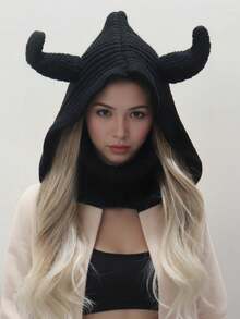 1 Piece Ladies' Hat Devil Horns Knitted Hooded Hat - Black With Red Horns, Unisex Novelty Costume Accessory Soft And Warm, Fall / Winter
