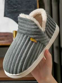 女士厚实保暖内衬一脚蹬家居拖鞋，厚底，休闲，男女通用，适合卧室、厨房、四季、秋冬 - 灰色 - 查看 3