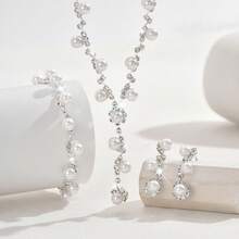 Elegant Faux Pearl & Diamond Jewelry Set - Necklace, Earrings, Bracelet, Suitable For Women's Wedding, Party Wear