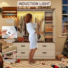 Farmhouse 3/4 Doors Armoire Wardrobe Closet W/Folding Sliding Barn Door And Lights, LED Armoire Closet W/Drawers For Bedroom, Freestanding Wooden Wardrobe Storage Closets W/Hanging Rod - 白色 - 查看 4