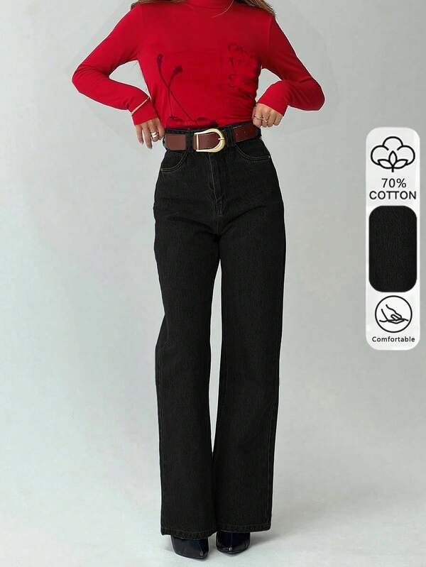 Design Retro High-Waisted Straight Black Denim Pants Casual Cowgirl Women Jeans Western Cowboy Style(No Belt) Black Jeans Chic Winter Christmas New Year Thanksgiving