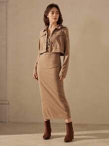 Wildy Flap Detail Crop Jacket & Cami Dress - Khaki - View 4