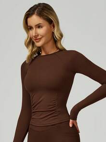 Women's Long-Sleeved Cropped T-Shirt, Tight-Fitting One-Piece Long Pants, Women's Yoga One-Piece Suit, Exercise Long-Sleeved Sports One-Piece Pants, Quick-Drying And High-Elasticity - 咖啡棕 - 查看 7