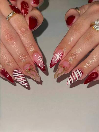 24 片杏仁法式蝴蝶结条纹精美闪亮丝带雪花圣诞假指甲按压指甲按压指甲美甲用品指甲