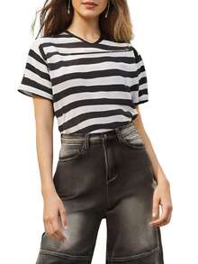 Women Vintage Grunge Top Short Sleeve Striped T-Shirt Goth Emo Tee Shirt Y2K Aesthetic Clothes Harajuku - 灰色 - 查看 5
