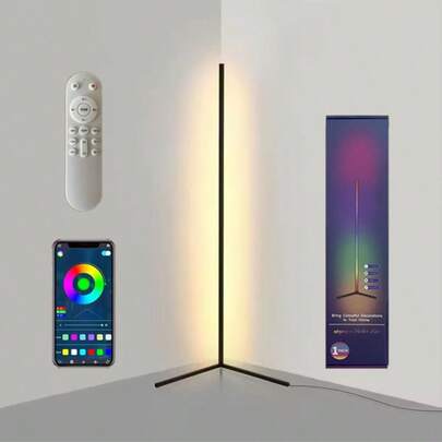 LED转角落地灯 - 1600万种DIY变色，RGB智能现代灯，带遥控器和APP控制，USB供电，四种模式带音乐，适用于游戏室、客厅、办公室和派对装饰