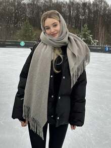 1PC 女士简约纯色常规仿羊绒围巾秋季学院风披肩适合季节变化日常穿着防风保暖 - 淺灰色 - 查看 1