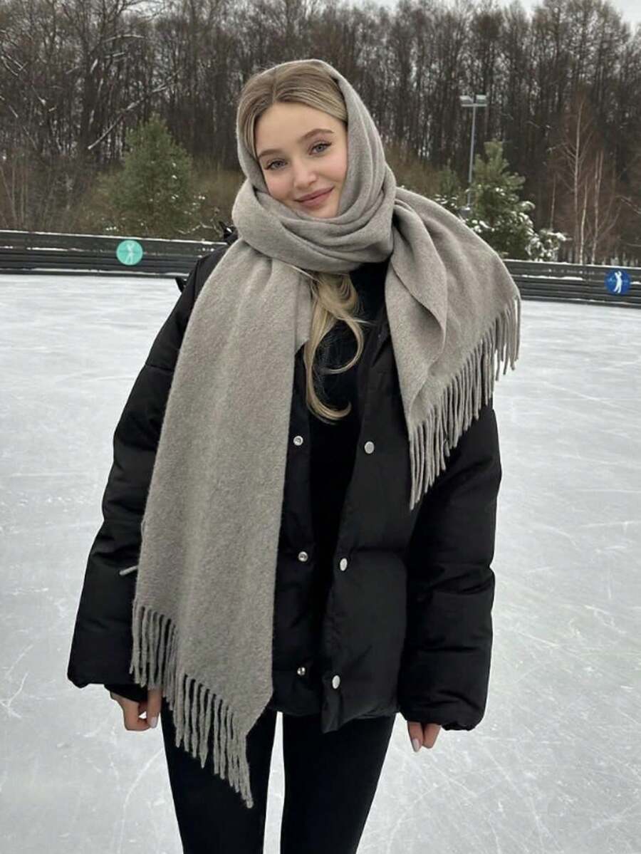 1PC 女士简约纯色常规仿羊绒围巾秋季学院风披肩适合季节变化日常穿着防风保暖 - 淺灰色 - 查看 1