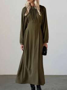 French Solid Color Loose Pleated Round Neck Waist Tie Long Dress - Army Green - View 1