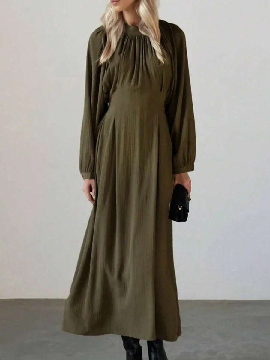 French Solid Color Loose Pleated Round Neck Waist Tie Long Dress - Army Green - View 1
