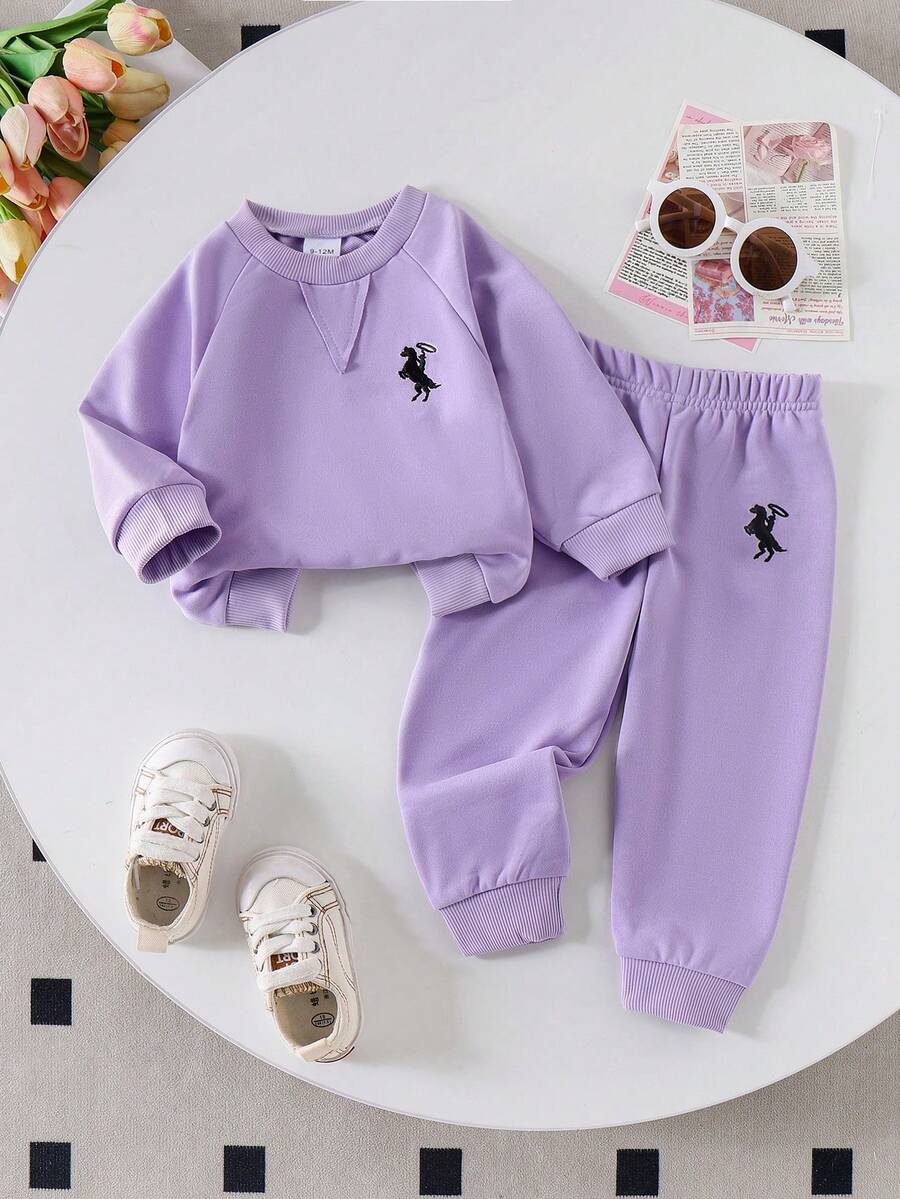 2pcs Baby/Baby Girl Casual Everyday Horse Embroidery Long Sleeve Sweatshirt And Sweatpants Set, Lightweight For Spring/Autumn