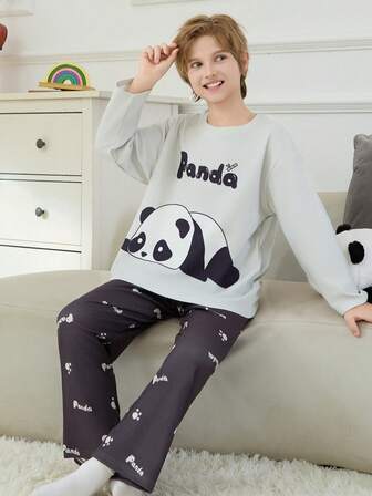 2pcs/Set Fleece Panda Print Cartoon Pajama Set For Older Boys