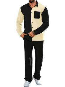 Mens 2 Piece Color Block Outfits Casual Long Sleeve Color Block Shirts And Pants Matching Set Sweatsuit-2025 - 棕色 - 查看 9