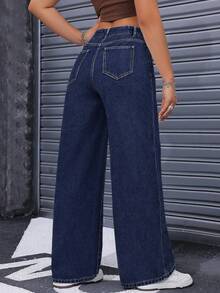 Pantalones Vaqueros de Pierna Ancha para Mujer Cintura Alta Recta y Suelta, Tejido Elástico Azul Lavado, Elegantes y Casuales - Azul - Ver 2