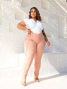 TAILORED PLUS SIZE DRESS PANTS ELASTANE BENGALINE 2 BUTTONS ZIPPER WAISTBAND ELEGANT CURVE - Rusty Rose - View 7