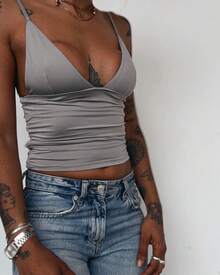 Open Neckline Blouse Simple Knitted Fabric Draped - Màu Xám nhạt - Xem 1