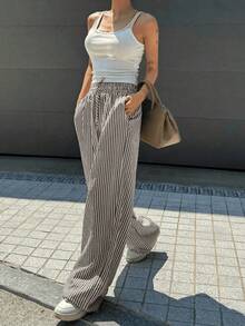 Wide Leg Striped Elastic Palazzo Pants With Pockets - Black - View 4