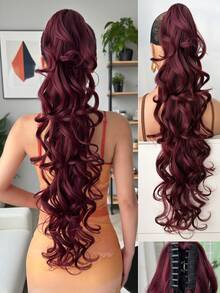 Accessorio per capelli a forma di artiglio per coda di cavallo, colore rosso vino, parrucca sintetica a onde profonde resistente al calore da 28 pollici, adatta per feste di Natale, Ognissanti e uso quotidiano delle donne