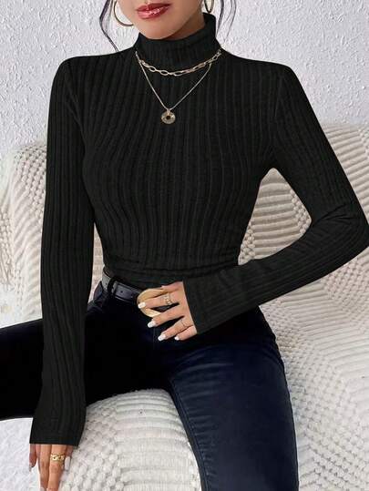 Plus Size Women Turtleneck Solid Color Casual Ribbed Knit Long Sleeve T-Shirt