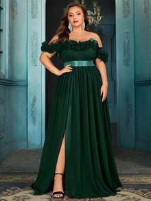 QOQ Noble Abendkleid für Damen Große Größen für formelle Anlässe, Geburtstagsfeiern, High Society Dinner, einfarbiges Kleid mit Blumen Dekor, Carmen-Ausschnitt