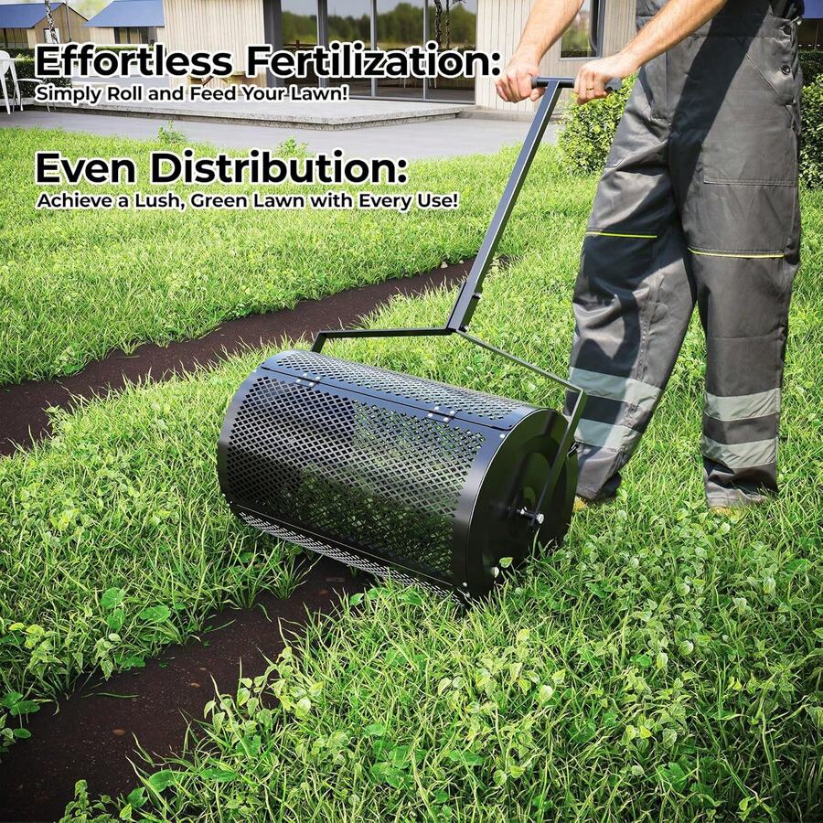 24-Inch Lawn And Garden Spreader Efficient Compost, Mulch, And Soil Applicator Perfect For Quick Top Dressing And Garden Care  24 Inch Garden Spreader Heavy-Duty Compost, Mulch, And Peat Moss Spreader Durable Lawn & Garden Top Dressing Tool Metal Mesh Basket For Even Distribution