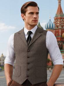Casual Men's Vests Herringbone Tweed Vest V-Neck Waistcoat For Men Retro Men's Wedding Vests Hunting Travel Workwear Vest - 摩卡棕 - 查看 3