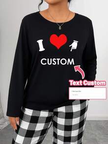 Áo ngủ dài tay họa tiết 'I Love You' cỡ lớn tùy chỉnh dành cho nữ, mặc ở nhà, ấm áp, mùa thu và đông - màu đen - Xem 3