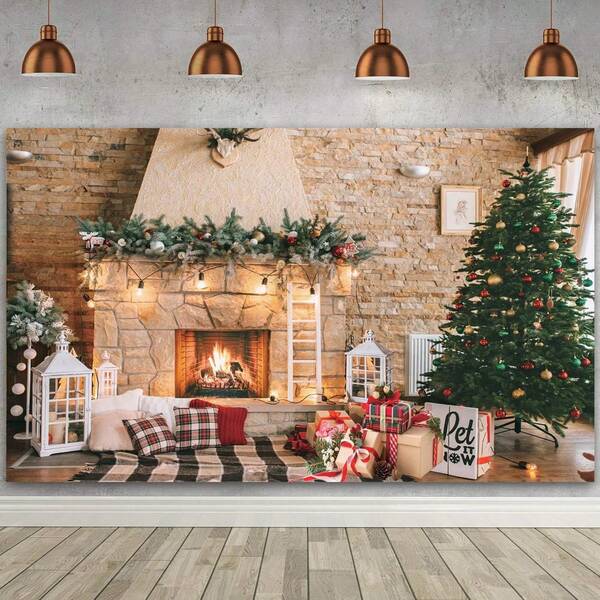 1 Stück Weihnachts-Hintergrundfahne, 82.7*59.1/59.1*39.4/39.4*29.5 Inches Weihnachtskamin-Hintergrund, geeignet für Weihnachtsparty, Fotohintergrund, Wandschild, Gartenschild, Weihnachts-, Neujahrs- und Weihnachtsabend-Dekoration