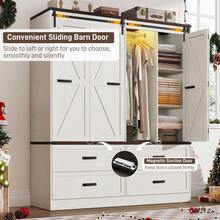 Farmhouse 3/4 Doors Armoire Wardrobe Closet W/Folding Sliding Barn Door And Lights, LED Armoire Closet W/Drawers For Bedroom, Freestanding Wooden Wardrobe Storage Closets W/Hanging Rod - 白色 - 查看 3