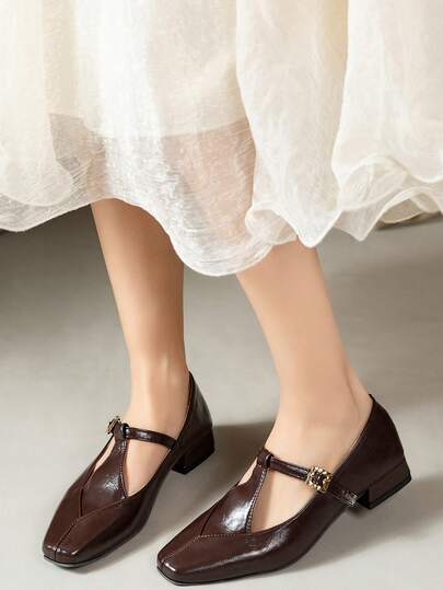 Comfortable Square Toe Mary Jane Shoes For Women, 2025 New Low Vamp Shoes With T-Strap, Preppy School Style Western Wedding Buckle Flats, Pure Metal Office Shoes