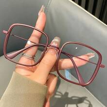 1 Piece Simple Square Frame Fashion Glasses - Full Frame PC Material, Metal Hinge, Decorative Transparent Lenses, No Power Required, Fashionable -Worthy Women's Glasses, Fashion Glasses| Simple Eyeglasses| Durable Eyewear, Eyewear For Women - 酒紅色 - 查看 9