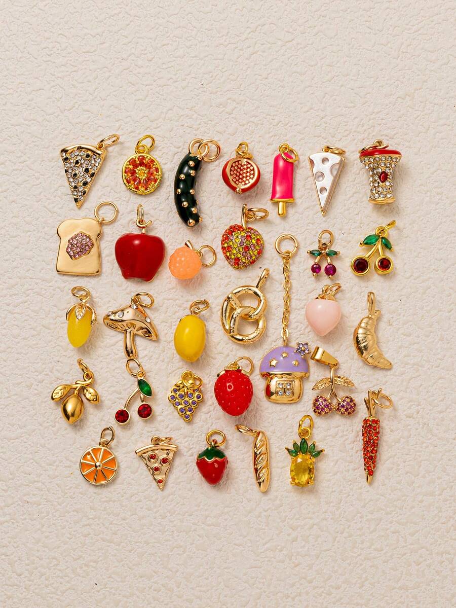 1pc时尚仿食物系列面包披萨樱桃柠檬草莓菠萝葡萄蘑菇苹果黄瓜DIY吊坠，镀18K金，DIY首饰配件项链配件、手链配件、钥匙扣配件，轻松搭配，适合日常休闲节日作为精美的护身符吊坠佩戴，适合送给妻子和母亲。 - 彩色 - 查看 1