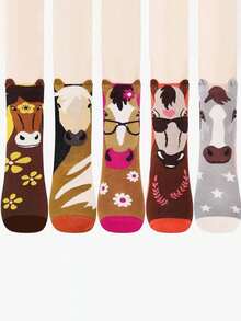 5 双女式卡通马图案中筒袜，时尚街头风格，柔软面料，适合秋冬休闲穿着 - 彩色 - 查看 4