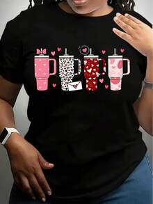 Valentine's Day Women's Plus Size Casual Short Sleeve T-Shirt - Heart & Cup Print With Love Phrases, Stretchy Round Neck Tee, Machine Washable All-Season Comfort, Relaxed Fit Shirt, Playful Graph - 黑色 - 查看 1