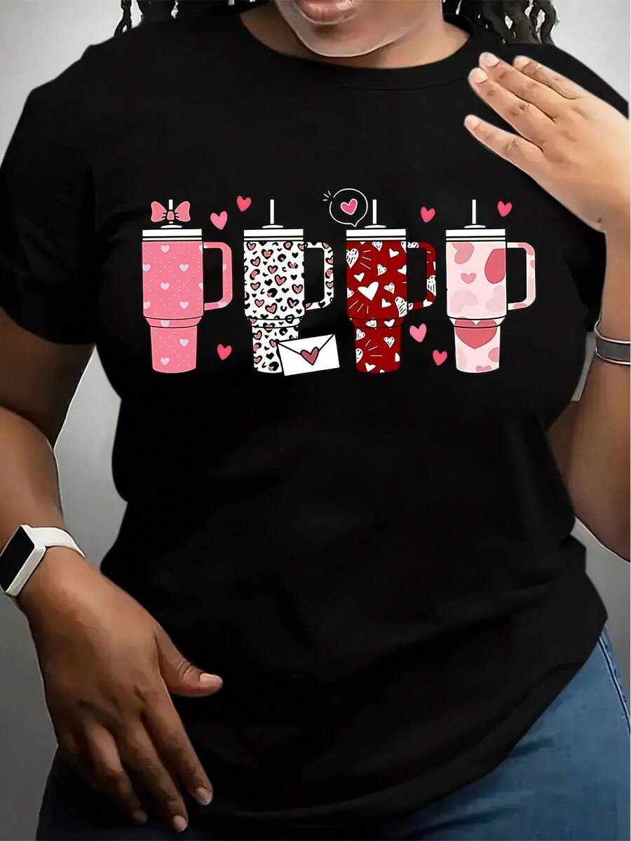 Valentine's Day Women's Plus Size Casual Short Sleeve T-Shirt - Heart & Cup Print With Love Phrases, Stretchy Round Neck Tee, Machine Washable All-Season Comfort, Relaxed Fit Shirt, Playful Graph - 黑色 - 查看 1