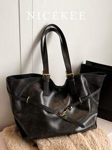 复古大容量多功能日常单肩包，简约纯色轻便手提包，美拉德时尚扇形包，小众设计休闲腋下包，适合通勤、旅行和各种场合。 - 黑色 - 查看 2