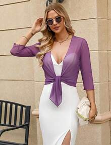 Aiboria Womens 3/4 Sleeve Shrug Sheer Mesh Bolero Tie Front Cropped Cardigan S-XXL - Hoa oải hương - Xem 3