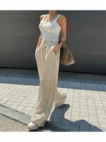 Wide Leg Striped Elastic Palazzo Pants With Pockets - 米色 - 查看 1